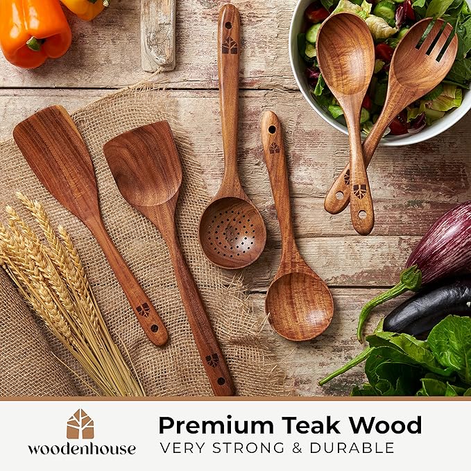 Wooden Spoons for Cooking – Wooden Kitchen Utensils Set, 6 Pcs Teak Wood Utensil Set – Comfortable Grip Non–Stick Wooden Cooking Utensils - Image 2