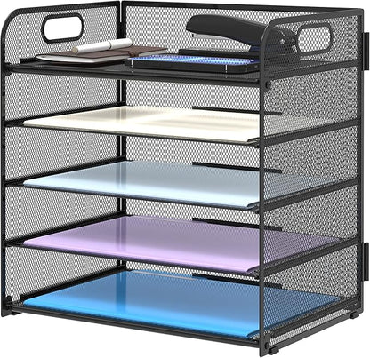 Supeasy 5 Trays Paper Organizer Letter Tray with Handle-Mesh Desk File Holders, Paper Sorter Desk Organizer for Office, Home, Classroom or School by SUPEASY