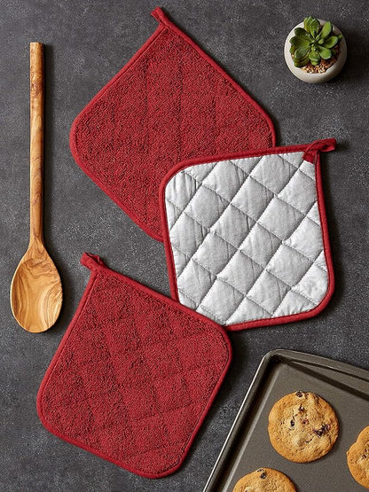 DII Basic Terry Collection Quilted 100% Cotton, Potholder, Barn Red, 3 Piece - Image 5