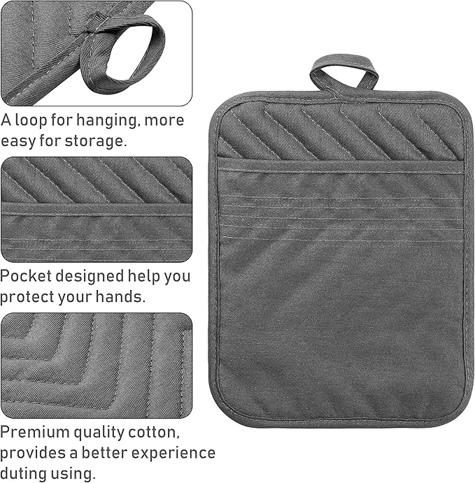 GROBRO7 5Pack Pocket Pot Holders Cotton Heat Resistant Potholder Multipurpose Hot Pads Machine Washable Oven Mitts Cooking Pads Bulk for Daily Kitchen Baking and Cooking 8.9 x 6.9 Inch Grey - Image 3
