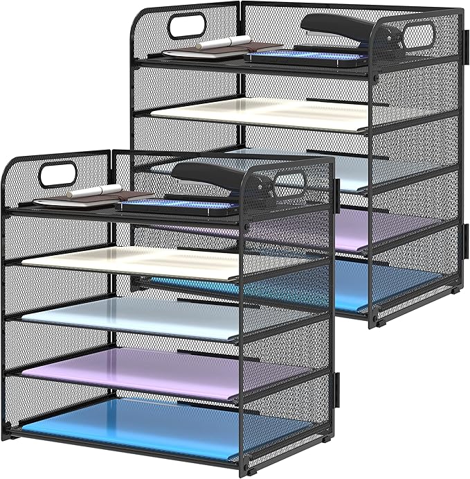 Supeasy 2 Pack 5-Tier Desk Organizer with Handle Mesh Desk File/Paper Organizer Letter Tray for Office, School, Classroom and Home Easy Installation, Black by SUPEASY