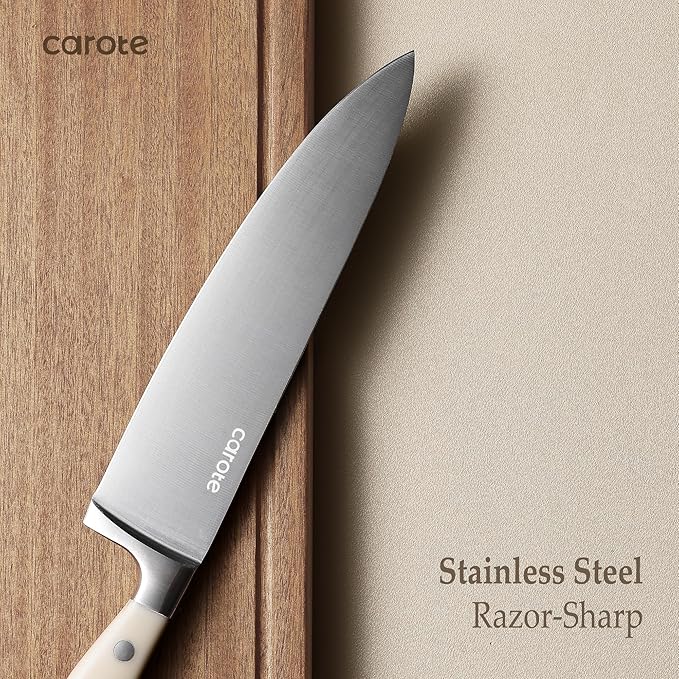 CAROTE 14 Pieces Knife Set with Block, Forged, High Carbon Stainless Steel Sharp Blade Block Knife Set, Dishwasher Safe Cutlery, Cream - Image 3
