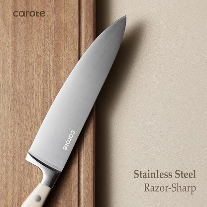 CAROTE 14 Pieces Knife Set with Block, Forged, High Carbon Stainless Steel Sharp Blade Block Knife Set, Dishwasher Safe Cutlery, Cream - Image 3