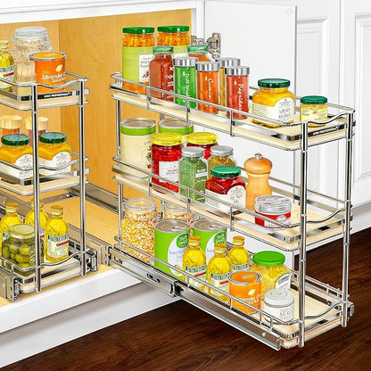 LYNK PROFESSIONAL® Élite™ Pull Out Spice Rack Organizer for Inside Kitchen Cabinets - 6" x 21" - Slide Out Drawer – Wood/Chrome Sliding Spice Organization for cabinet - Spice Racks - 6 Tier by LYNKPROFESSIONAL