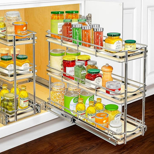 LYNK PROFESSIONAL® Élite™ Pull Out Spice Rack Organizer for Inside Kitchen Cabinets - 6" x 21" - Slide Out Drawer – Wood/Chrome Sliding Spice Organization for cabinet - Spice Racks - 6 Tier by LYNKPROFESSIONAL
