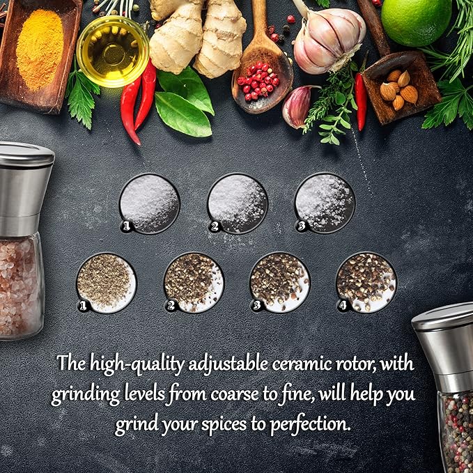 Professional Salt and Pepper Grinder – Premium Stainless Steel Salt and Pepper Shaker with Ceramic Spice Grinder Mill for Adjustable Coarseness