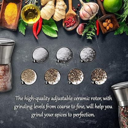 Professional Salt and Pepper Grinder – Premium Stainless Steel Salt and Pepper Shaker with Ceramic Spice Grinder Mill for Adjustable Coarseness