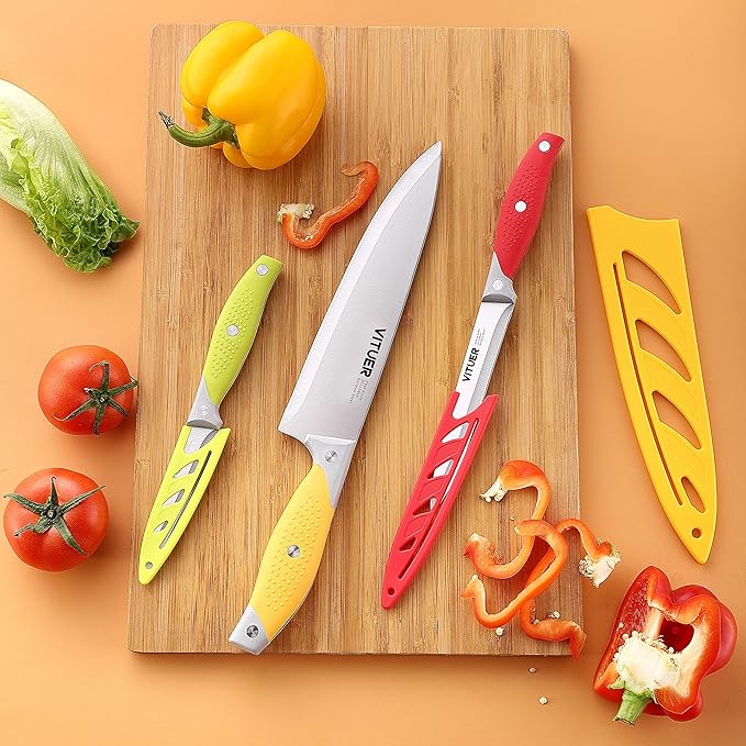 VITUER Chef Knife, 3PCS Kitchen Knife, Multicolor Stainless Steel Sharp Chef Knife Set (3Pack, Yellow, Red, Green) - Image 7