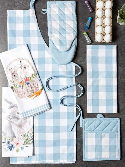 DII Buffalo Check Kitchen Collection, Classic Farmhouse Kitchen Set, Potholder & Oven Mitt, White & Light Blue, 2 Piece