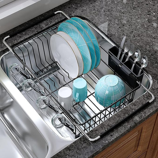 Dish Drying Rack Over the Sink In Stainless Steel Black Expandable Drainer for Small Kitchen, Counter Space Saving Compact Inside Sink Plate Dryer, Adjustable Hanging Metal Wire Strainer Drain Holder by JASIWAY