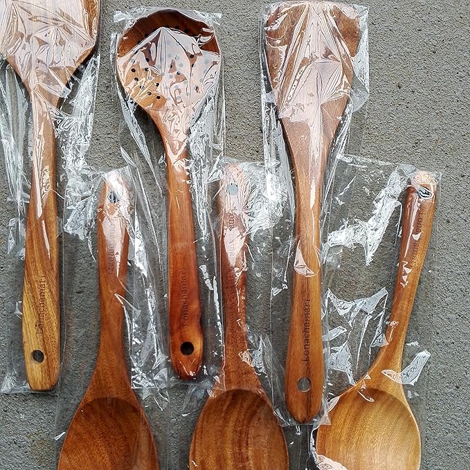 6-Piece Teak Wooden Kitchen Utensil Set – Heat Resistant, Durable, heat resistant Cooking Tools for Nonstick Cookware - Natural Rust-Free Wooden Spatulas & Spoons - Dishwasher Safe by Lonachamari