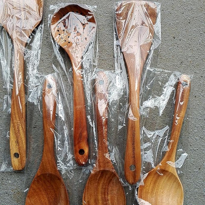 6-Piece Teak Wooden Kitchen Utensil Set – Heat Resistant, Durable, heat resistant Cooking Tools for Nonstick Cookware - Natural Rust-Free Wooden Spatulas & Spoons - Dishwasher Safe by Lonachamari