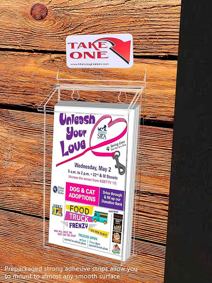 Outdoor Brochure Holder Holds 6" x 10" Booklets Wall Mount Clear with Lid Acrylic Box with Lid Includes Take One Sticker and Adhesive Strips Bifold Display Rack by Marketing Holders