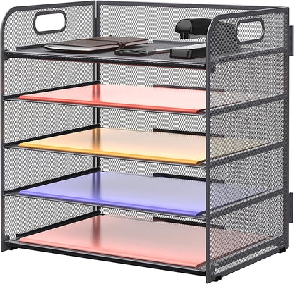 Supeasy 5 Trays Paper Organizer Letter Tray with Handle-Mesh Desk File Organizer, Grey Paper Sorter Desk Organizer for Office, Home or School by SUPEASY