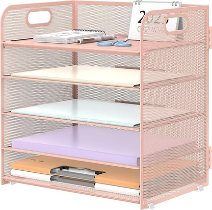Supeasy 5 Trays Paper Organizer Letter Tray with Handle-Mesh Desk File Holders, Paper Sorter Desk Organizer for Office, Home, Classroom or School, Pink by SUPEASY