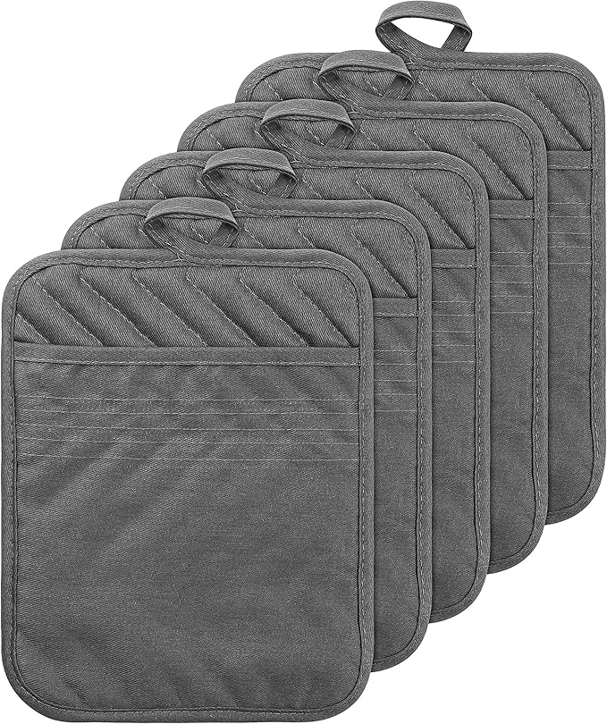 GROBRO7 5Pack Pocket Pot Holders Cotton Heat Resistant Potholder Multipurpose Hot Pads Machine Washable Oven Mitts Cooking Pads Bulk for Daily Kitchen Baking and Cooking 8.9 x 6.9 Inch Grey by GROBRO7