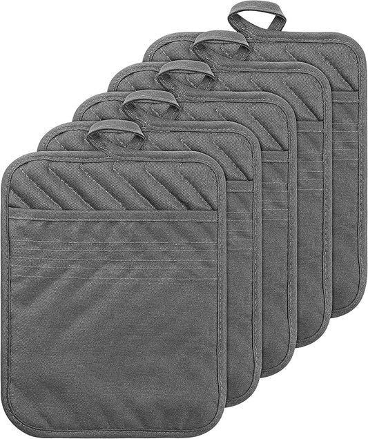 GROBRO7 5Pack Pocket Pot Holders Cotton Heat Resistant Potholder Multipurpose Hot Pads Machine Washable Oven Mitts Cooking Pads Bulk for Daily Kitchen Baking and Cooking 8.9 x 6.9 Inch Grey by GROBRO7