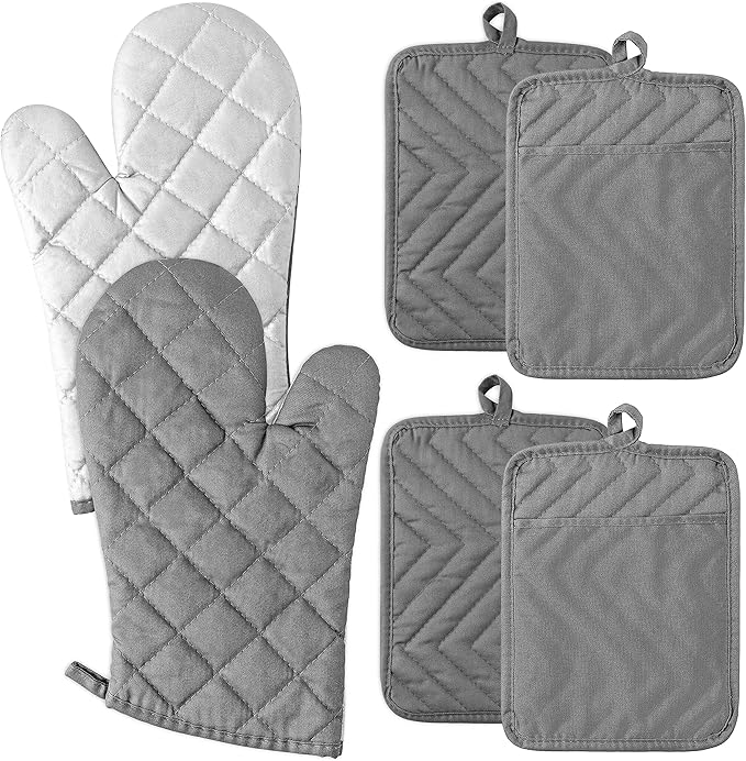 GROBRO7 6Pcs Cotton Oven Mitts and Pot Holders Set Durable Hot Pads Machine Washable BBQ Gloves Heat Resistant Pocket Pot Holder with Hanging Loop for Safe Kitchen Baking Cooking Grilling Grey by GROBRO7