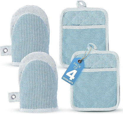 Casa Platino BBQ Gloves & Potholders Set, 4Pc Kitchen Mitts for Oven & Baking, Holder for Hot Pots & Dishes – Heat Resistant Up to 500°F, Non-Slip & Machine Washable – Cornflower