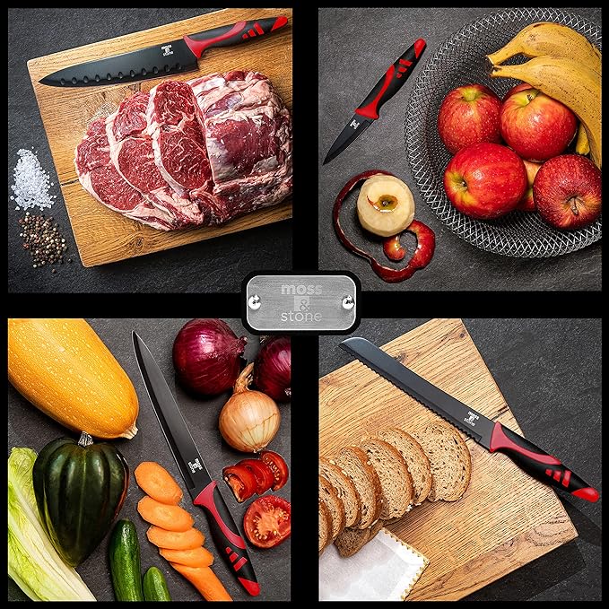 Moss & Stone 7-Piece Kitchen Knife Set with Block – Black Titanium Plated Stainless Steel Kitchen Knives, High Carbon Blades, Compact Cutlery Set for Home Cooking, Small Knife Set Black Wood Block - Image 3