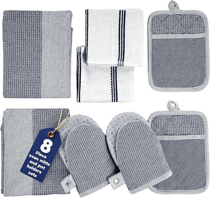 Casa Platino Mini Oven Mitts Set, 8-Piece – 500°F Heat Resistant Silicone Oven Mitt, Potholders for Kitchens, 2 Kitchen Towels & 2 Dish Cloths – Non-Slip & Durable – Indigo