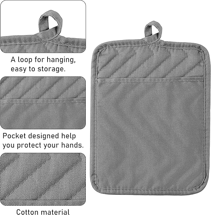 GROBRO7 6Pcs Cotton Oven Mitts and Pot Holders Set Durable Hot Pads Machine Washable BBQ Gloves Heat Resistant Pocket Pot Holder with Hanging Loop for Safe Kitchen Baking Cooking Grilling Grey - Image 4