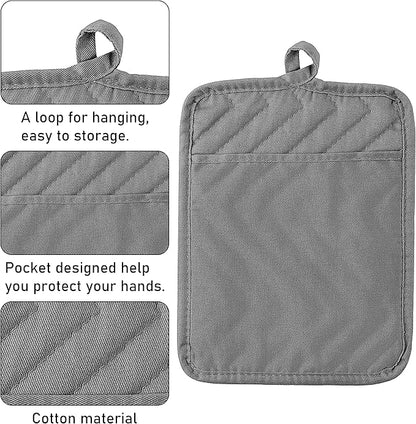 GROBRO7 6Pcs Cotton Oven Mitts and Pot Holders Set Durable Hot Pads Machine Washable BBQ Gloves Heat Resistant Pocket Pot Holder with Hanging Loop for Safe Kitchen Baking Cooking Grilling Grey - Image 4