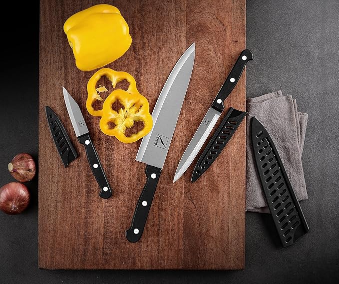 COKUMA Kitchen Knife, 3-Pcs Knife Set With Sheath, 8 Inch Chef Knife, 4.5 Inch Utility Knife, 4 Inch Paring Chef Knife, Stainless Steel, Black - Image 5