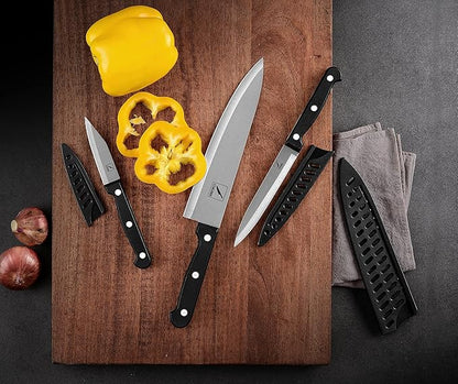 COKUMA Kitchen Knife, 3-Pcs Knife Set With Sheath, 8 Inch Chef Knife, 4.5 Inch Utility Knife, 4 Inch Paring Chef Knife, Stainless Steel, Black - Image 5
