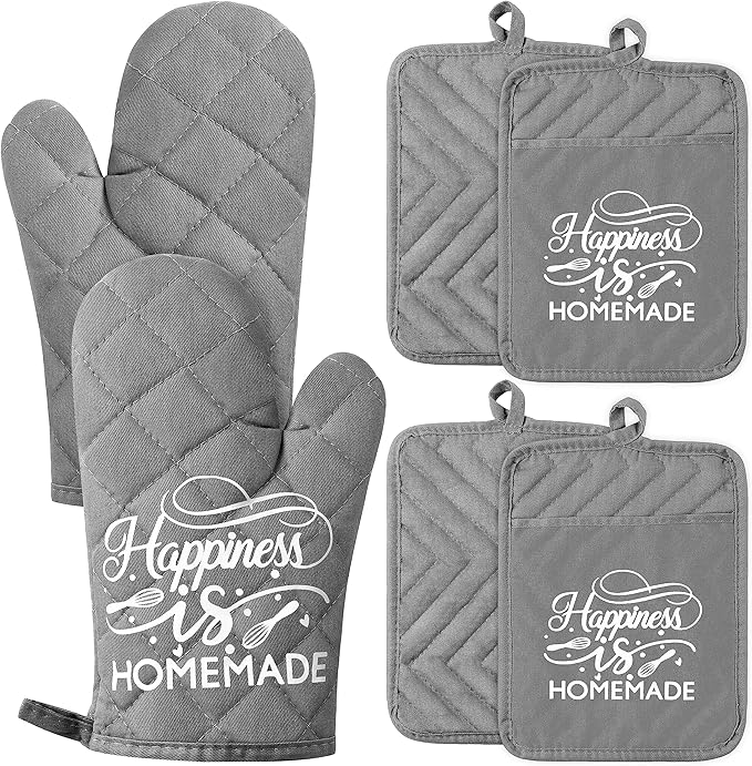 GROBRO7 6Pcs Cotton Oven Mitts and Pot Holders Set Happiness is Homemade Heat Resistant Hot Pad Machine Washable Microwave Gloves with Hanging Loop Pocket Potholder for Kitchen Baking Cooking Grilling by GROBRO7