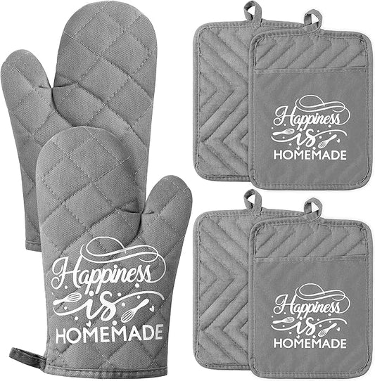 GROBRO7 6Pcs Cotton Oven Mitts and Pot Holders Set Happiness is Homemade Heat Resistant Hot Pad Machine Washable Microwave Gloves with Hanging Loop Pocket Potholder for Kitchen Baking Cooking Grilling by GROBRO7